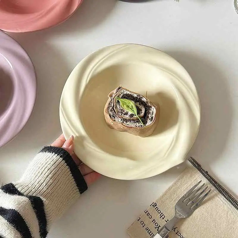 20cm Home Ceramic Vegetable Plate Breakfast Tray Solid Color Pasta Dish Simple Cake Straw Hat Plates