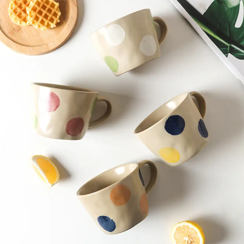 Polka Dot Vintage Ceramic Mug 360ml Household Coffee Mug Simple Breakfast Milk Oatmeal Cups Drinkware