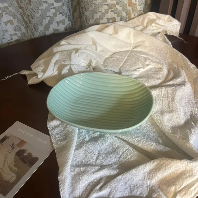 Korean Line Stripe Ceramic Plate Under Glazed Mint Green Oval Deep Plates Restaurant Pastry Fruits Salad Soup Dish Tableware