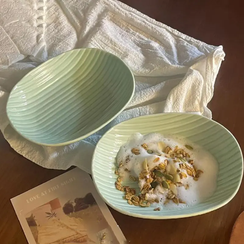 Korean Line Stripe Ceramic Plate Under Glazed Mint Green Oval Deep Plates Restaurant Pastry Fruits Salad Soup Dish Tableware