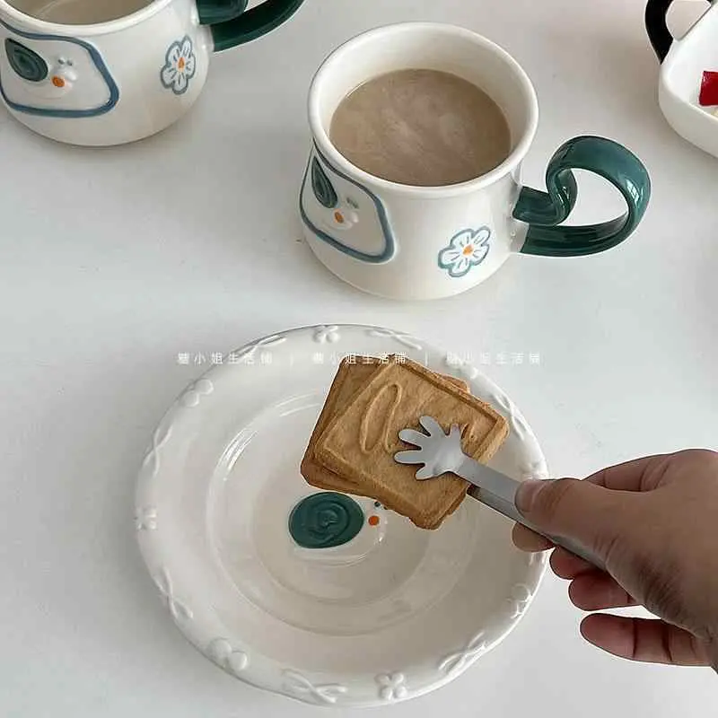Cute Ceramic Coffee Cups And Saucers Exquisite Contrast Color Afternoon Tea Drinkware Breakfast Mugs Snack Plates