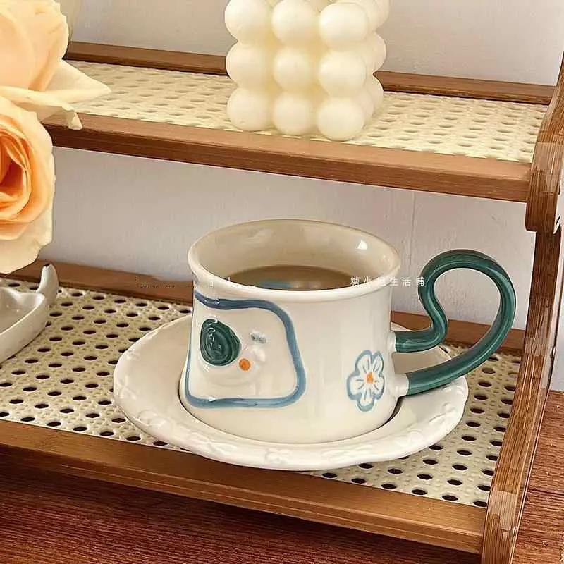 Cute Ceramic Coffee Cups And Saucers Exquisite Contrast Color Afternoon Tea Drinkware Breakfast Mugs Snack Plates