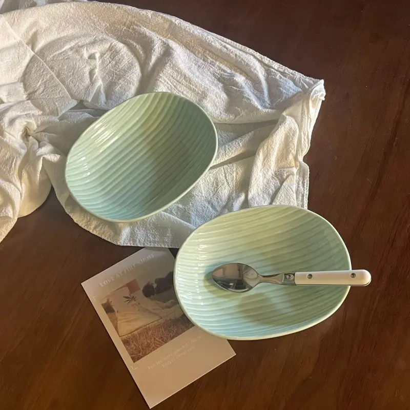 Korean Line Stripe Ceramic Plate Under Glazed Mint Green Oval Deep Plates Restaurant Pastry Fruits Salad Soup Dish Tableware