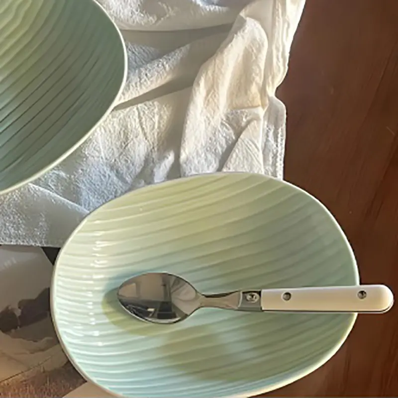 Korean Line Stripe Ceramic Plate Under Glazed Mint Green Oval Deep Plates Restaurant Pastry Fruits Salad Soup Dish Tableware