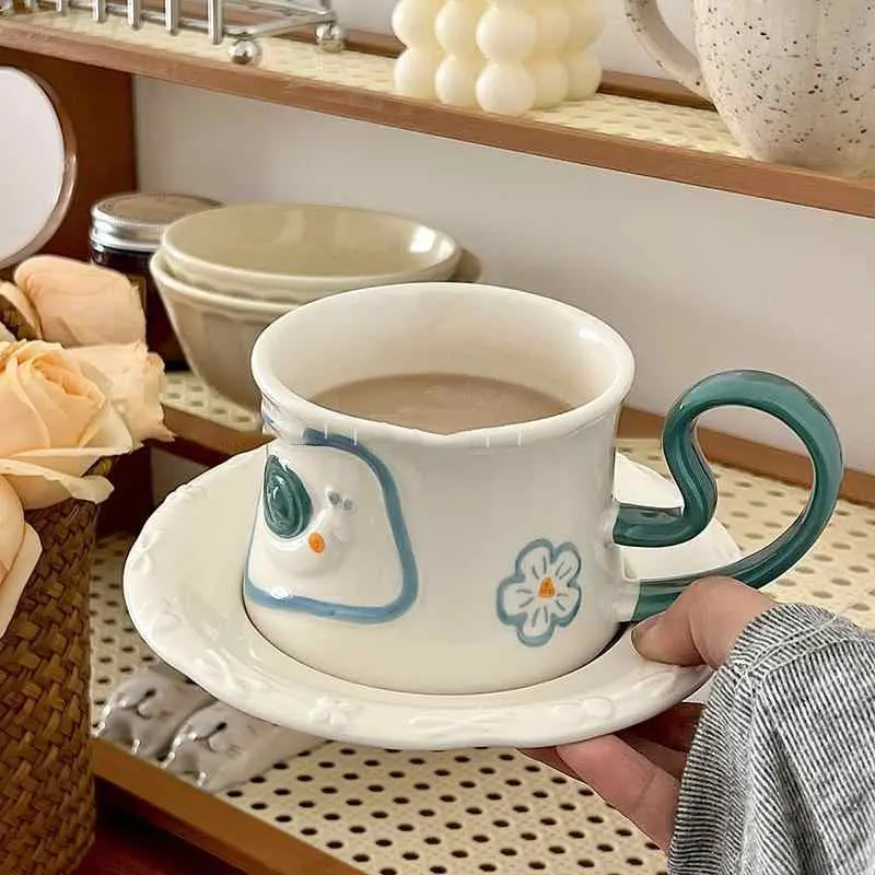 Cute Ceramic Coffee Cups And Saucers Exquisite Contrast Color Afternoon Tea Drinkware Breakfast Mugs Snack Plates