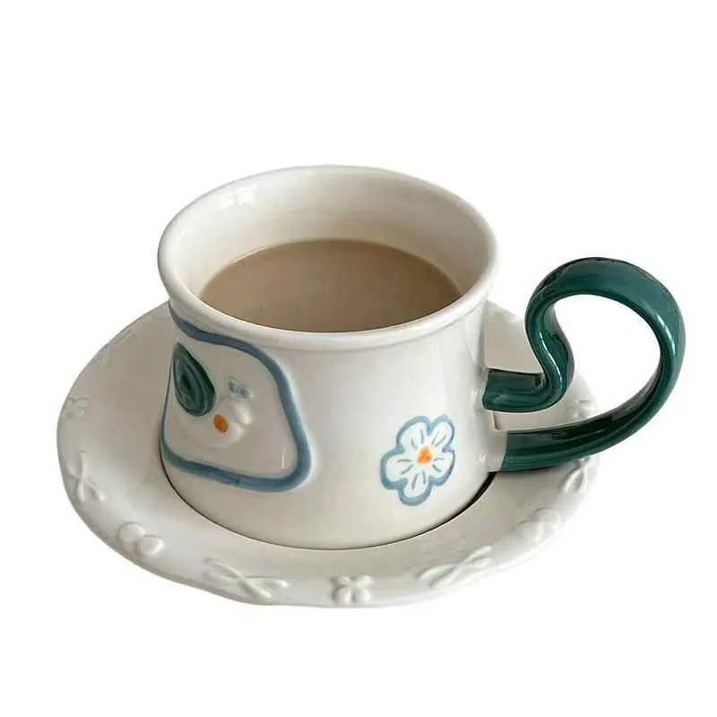 Cute Ceramic Coffee Cups And Saucers Exquisite Contrast Color Afternoon Tea Drinkware Breakfast Mugs Snack Plates