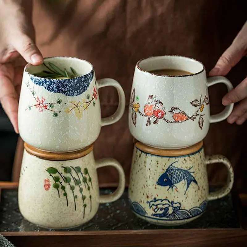 360ml Japanese Ceramic Mug With Lid And Spoon Home Coffee Cup Breakfast Milk Oatmeal Cup Underglaze Afternoon Tea Drinkware
