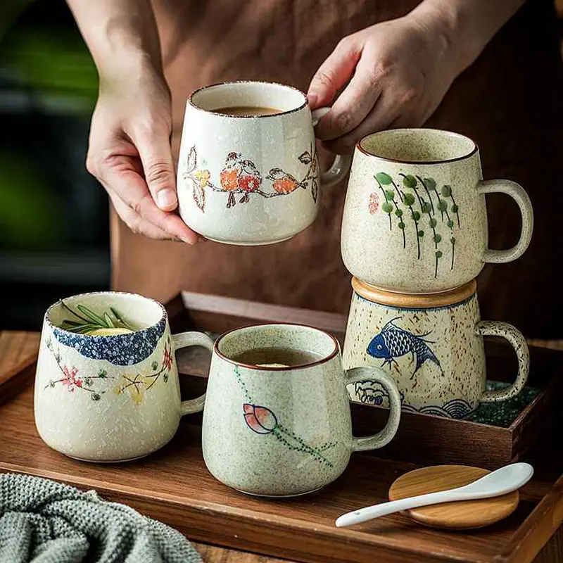 360ml Japanese Ceramic Mug With Lid And Spoon Home Coffee Cup Breakfast Milk Oatmeal Cup Underglaze Afternoon Tea Drinkware
