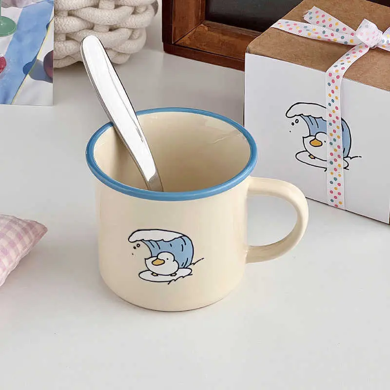 280ml Cartoon Ceramic Mug Cute Printed Couple Cup Coffee Cups With Handle Household Breakfast Milk Oatmeal Mugs