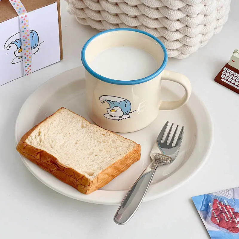 280ml Cartoon Ceramic Mug Cute Printed Couple Cup Coffee Cups With Handle Household Breakfast Milk Oatmeal Mugs
