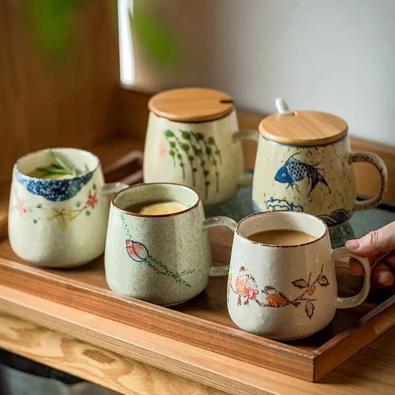 360ml Japanese Ceramic Mug With Lid And Spoon Home Coffee Cup Breakfast Milk Oatmeal Cup Underglaze Afternoon Tea Drinkware