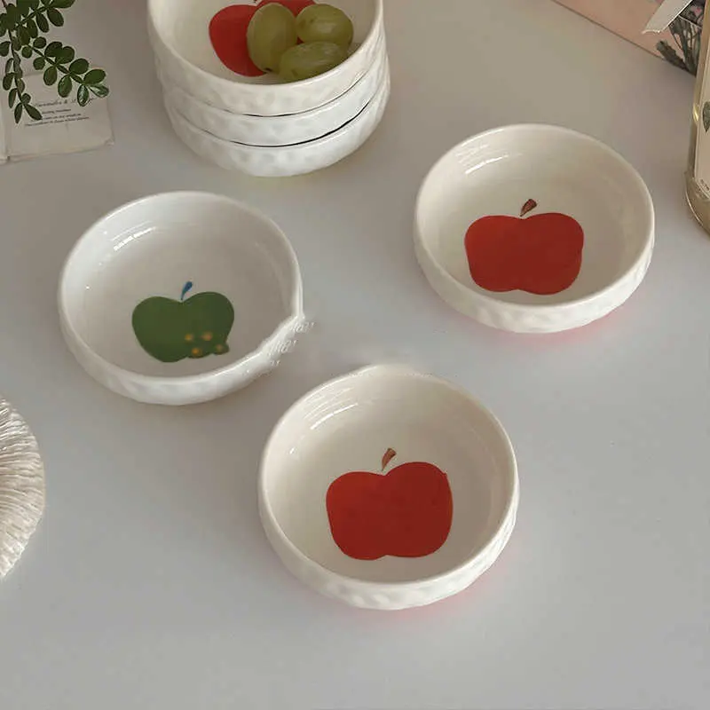Underglaze Apple Print Ceramic Saucer Delicate Dipping Vinegar Dish Household Hot Pot Soy Sauce Disc