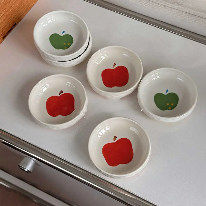 Underglaze Apple Print Ceramic Saucer Delicate Dipping Vinegar Dish Household Hot Pot Soy Sauce Disc