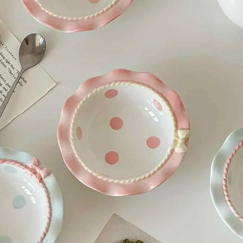Korean Bow Dessert Bowl Ceramic Polka Dot Baby Bowls Cute Yogurt Ice Cream Bowl Exquisite Tableware