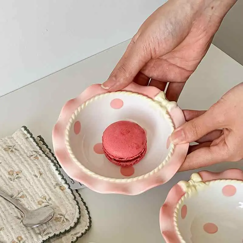 Korean Bow Dessert Bowl Ceramic Polka Dot Baby Bowls Cute Yogurt Ice Cream Bowl Exquisite Tableware