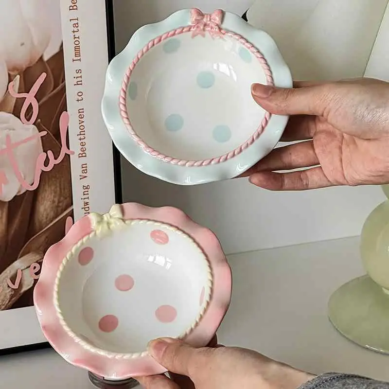 Korean Bow Dessert Bowl Ceramic Polka Dot Baby Bowls Cute Yogurt Ice Cream Bowl Exquisite Tableware