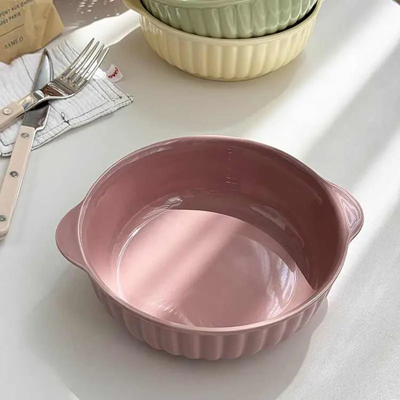 Korean Ceramic Binaural Bowl Solid Colour Breakfast Snack Bowl Household Simple Fruit Salad Deep Plate Tableware