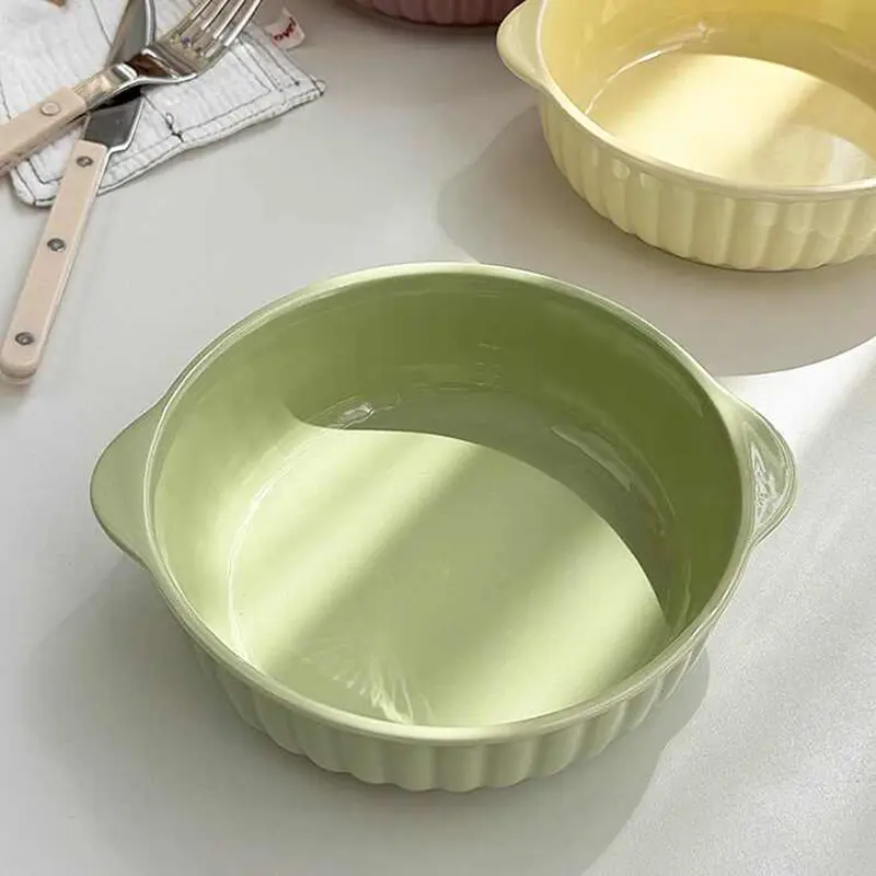 Korean Ceramic Binaural Bowl Solid Colour Breakfast Snack Bowl Household Simple Fruit Salad Deep Plate Tableware
