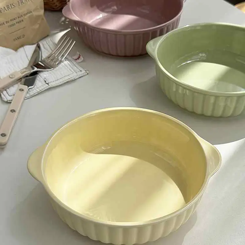 Korean Ceramic Binaural Bowl Solid Colour Breakfast Snack Bowl Household Simple Fruit Salad Deep Plate Tableware