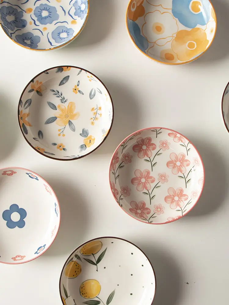 Korean Ceramic Printing Condiment Dish Creative Soy Sauce Vinegar Dipping Saucer Household Snacks Fruit Plate Tableware