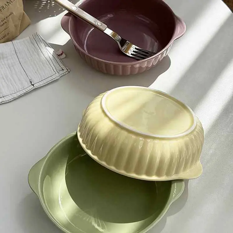 Korean Ceramic Binaural Bowl Solid Colour Breakfast Snack Bowl Household Simple Fruit Salad Deep Plate Tableware