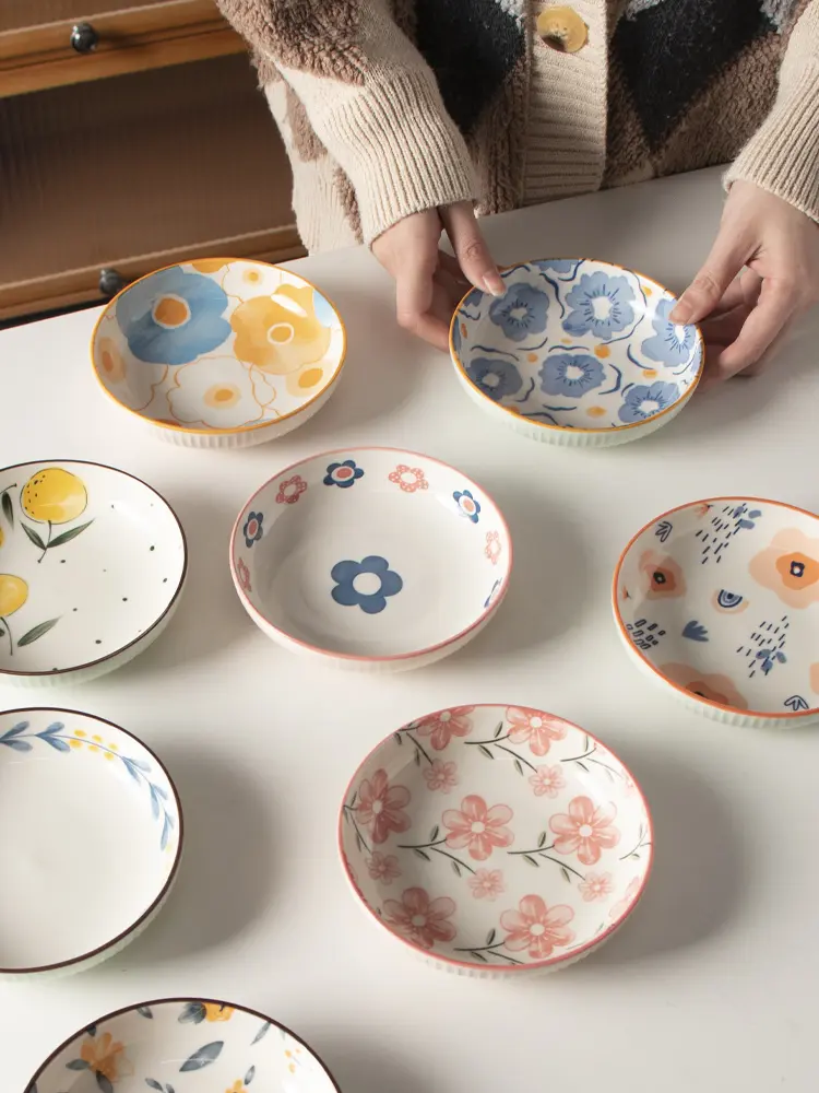 Korean Ceramic Printing Condiment Dish Creative Soy Sauce Vinegar Dipping Saucer Household Snacks Fruit Plate Tableware