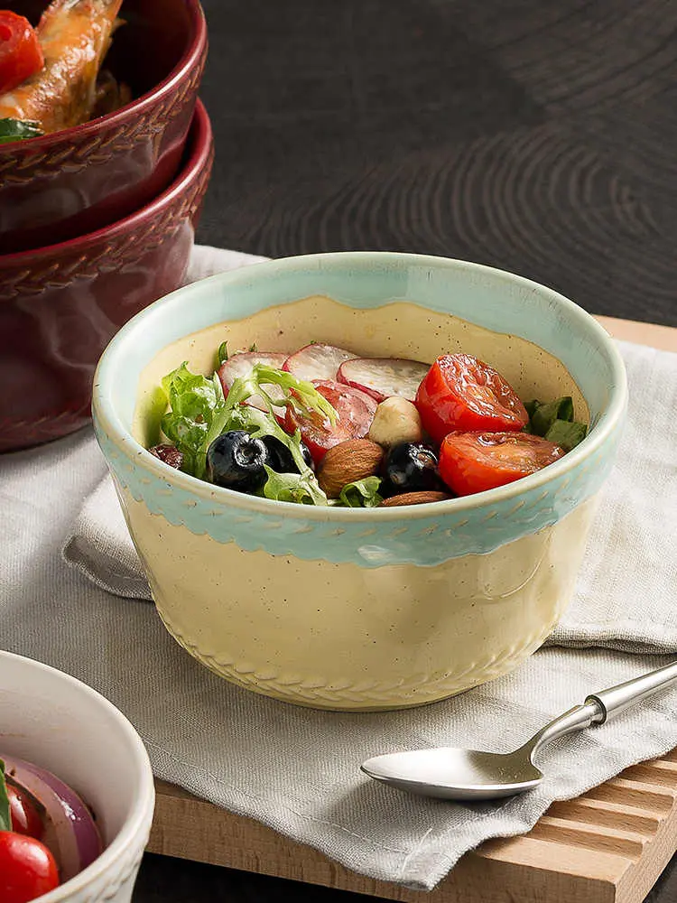 Japanese Retro Ceramic Rice Bowl Solid Colour Yoghurt Bowl Household Simple Salad Bowl Kitchen Tableware