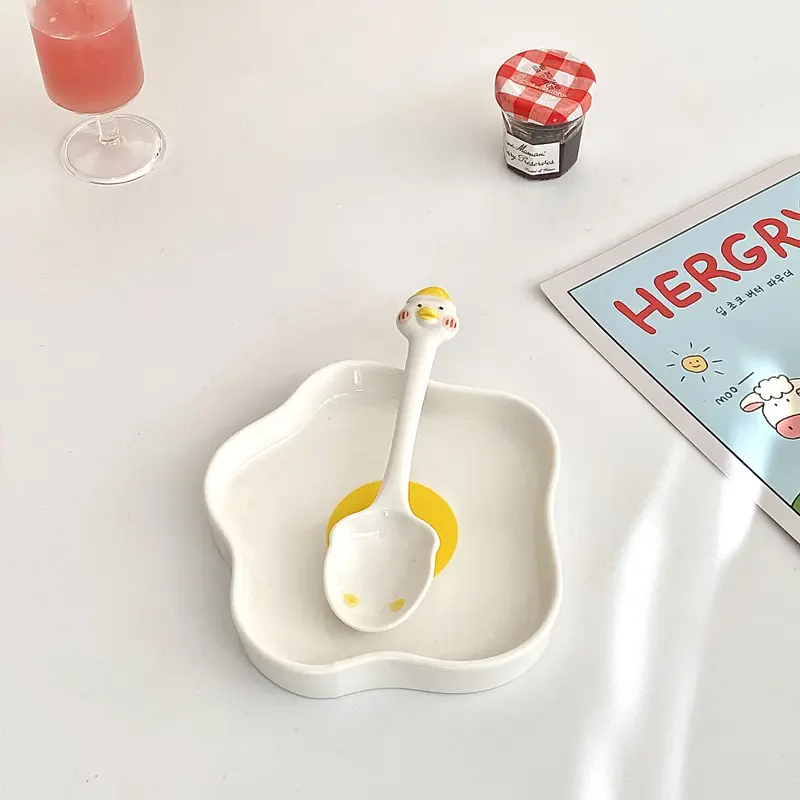 Cute Irregular Ceramic Plate Household Fruit Salad Plates Breakfast Oatmeal Dish Creative Spoon Kitchen Tableware