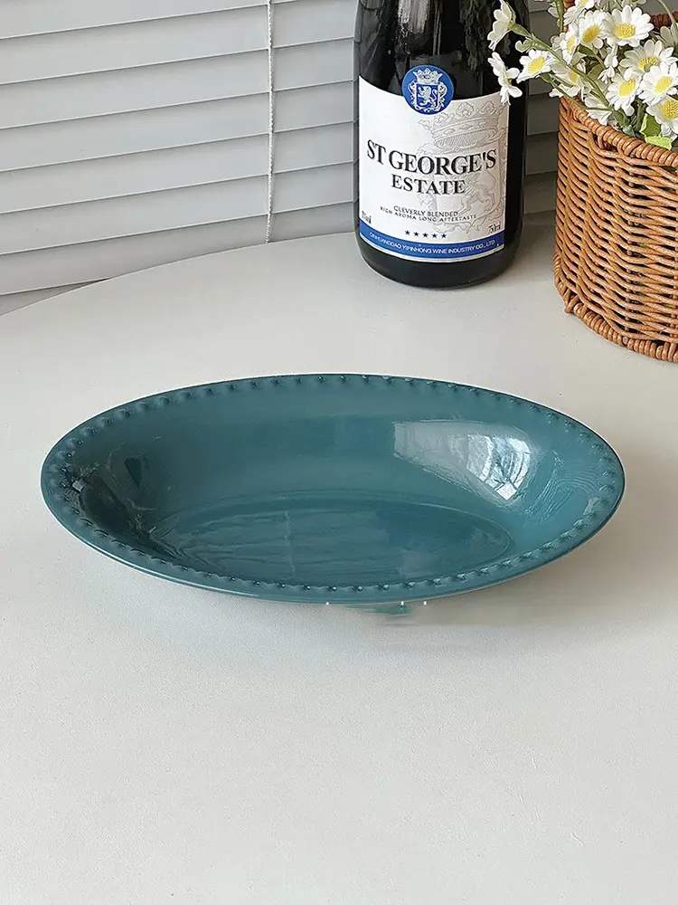 Vintage Embossed Oval Plate Light Luxury Pasta Soup Plate Restaurant Salad Plate Lake Green Tableware