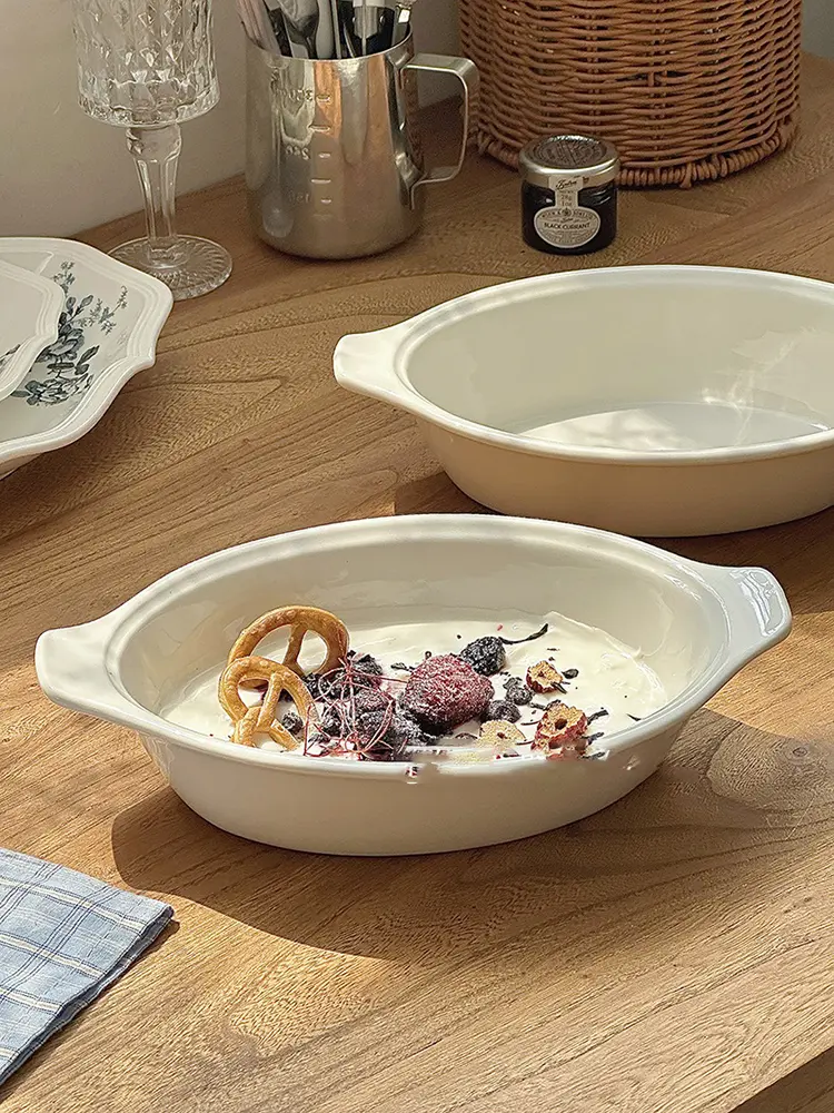 Simple Solid Color White Ceramic Binaural Baking Bowl Household Salad Yoghurt Bowl Spaghetti Bowl Tableware