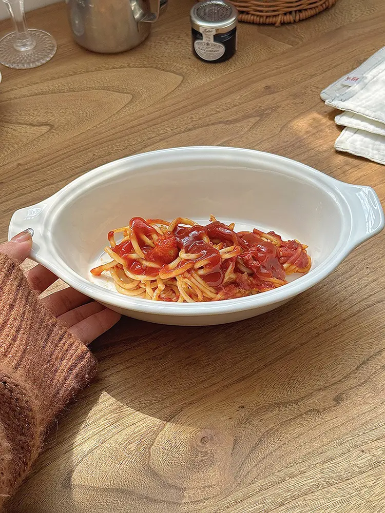 Simple Solid Color White Ceramic Binaural Baking Bowl Household Salad Yoghurt Bowl Spaghetti Bowl Tableware