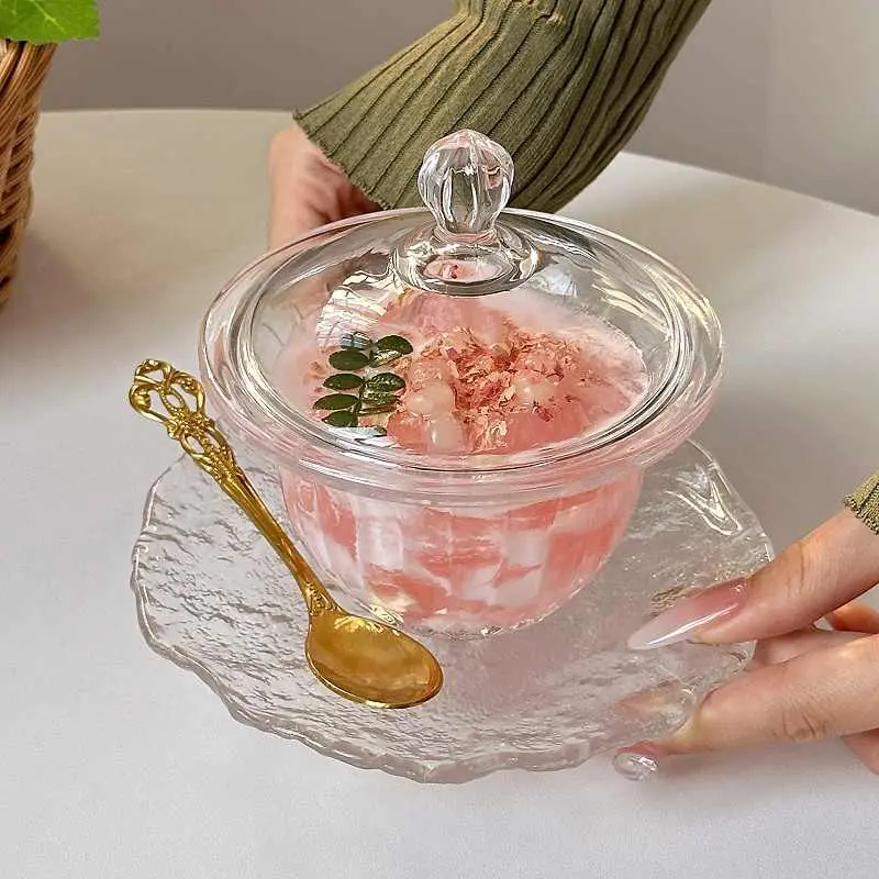 Glass Dessert Bowl With Lid Household Girls Delicate Transparent Yoghurt Snack Bowls Simple Cake Plate Tableware