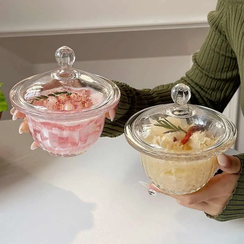 Glass Dessert Bowl With Lid Household Girls Delicate Transparent Yoghurt Snack Bowls Simple Cake Plate Tableware