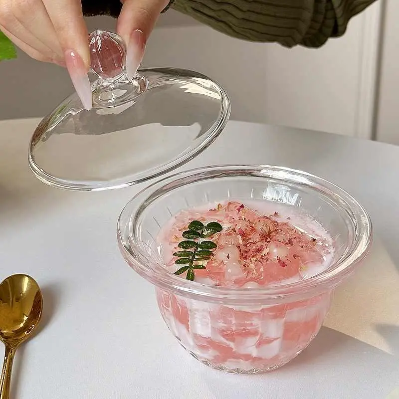 Glass Dessert Bowl With Lid Household Girls Delicate Transparent Yoghurt Snack Bowls Simple Cake Plate Tableware