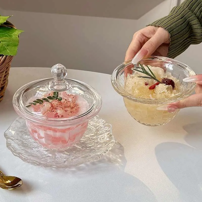 Glass Dessert Bowl With Lid Household Girls Delicate Transparent Yoghurt Snack Bowls Simple Cake Plate Tableware