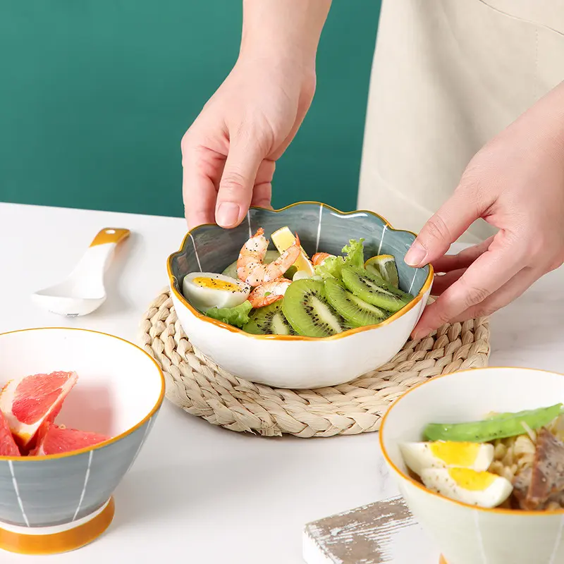 Flower Shape Underglaze Ceramic Salad Bowl Simple Fruit Snack Bowl Nordic Style Household Tableware