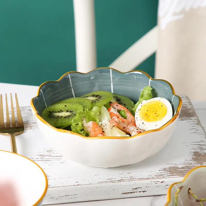 Flower Shape Underglaze Ceramic Salad Bowl Simple Fruit Snack Bowl Nordic Style Household Tableware