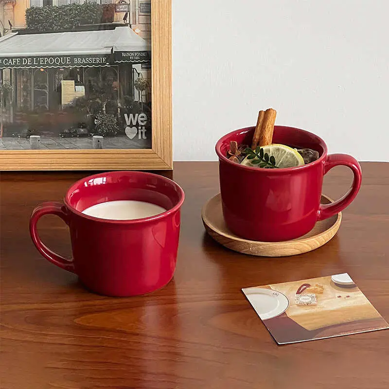 290ml Simple Retro Red Mug Ceramic Coffee Cup Household Breakfast Milk Oatmeal Cups Christmas Gift Drinkware