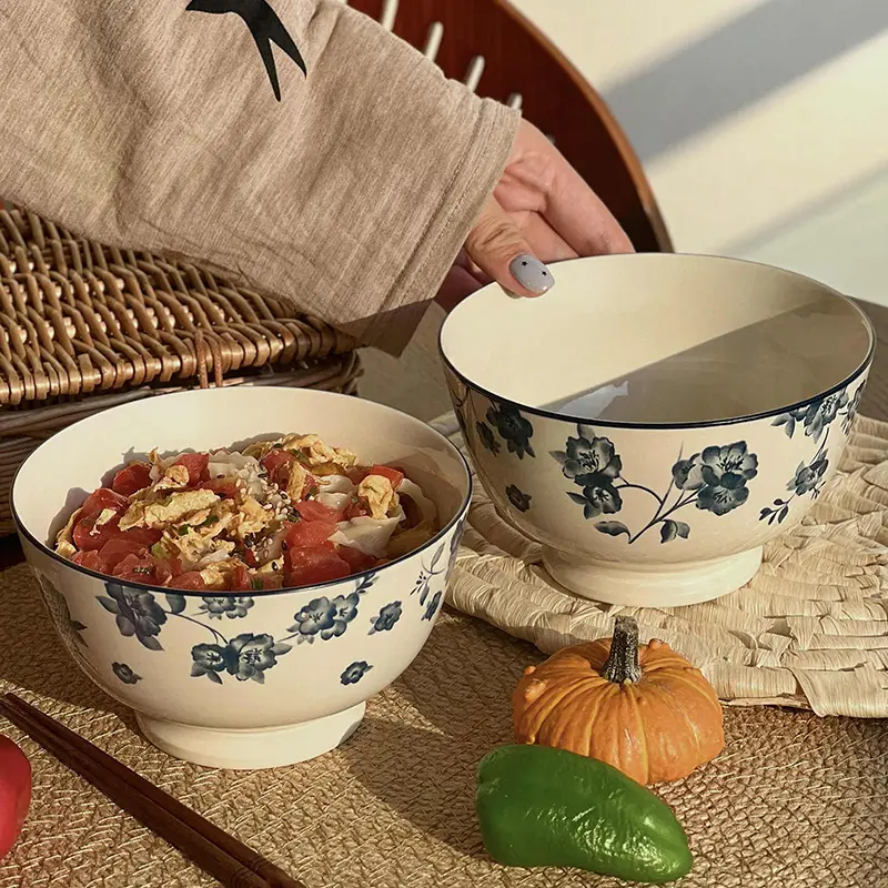 Vintage Flower Printed Ceramic Bowl Household Underglaze Tableware Delicate Soup Noodle Rice Breakfast Bowls