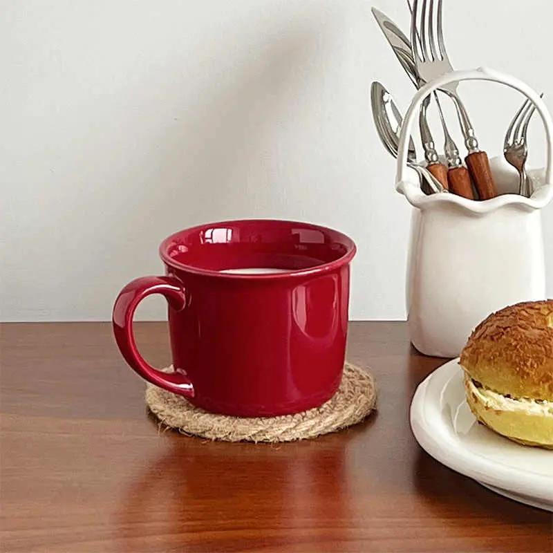 290ml Simple Retro Red Mug Ceramic Coffee Cup Household Breakfast Milk Oatmeal Cups Christmas Gift Drinkware
