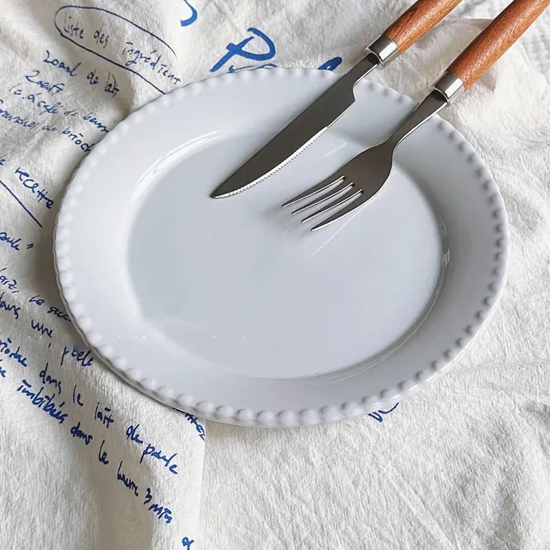 French Embossed Bead Dot Ceramic Dessert Plate 20cm White Western Steak Tray Home Breakfast Dish Tableware