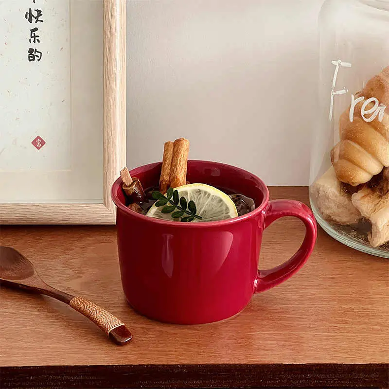 290ml Simple Retro Red Mug Ceramic Coffee Cup Household Breakfast Milk Oatmeal Cups Christmas Gift Drinkware