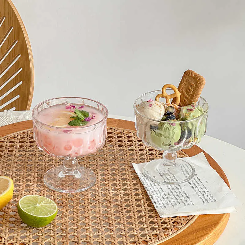 Transparent Embossed Ice Cream Yoghurt Cups Glass Tall Dessert Cups Delicate Afternoon Tea Dessert Cups Cocktail Glasses