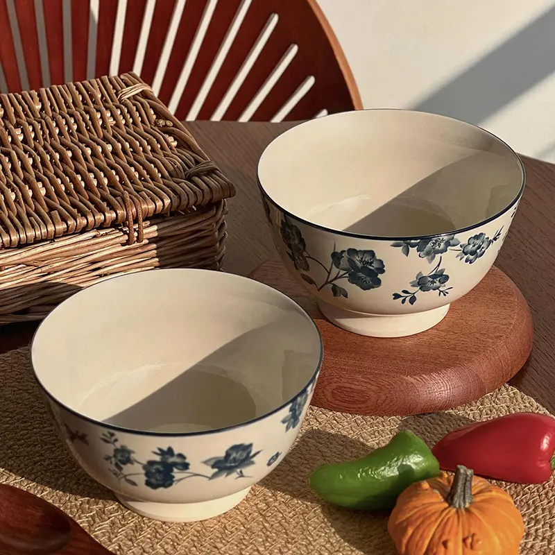 Vintage Flower Printed Ceramic Bowl Household Underglaze Tableware Delicate Soup Noodle Rice Breakfast Bowls