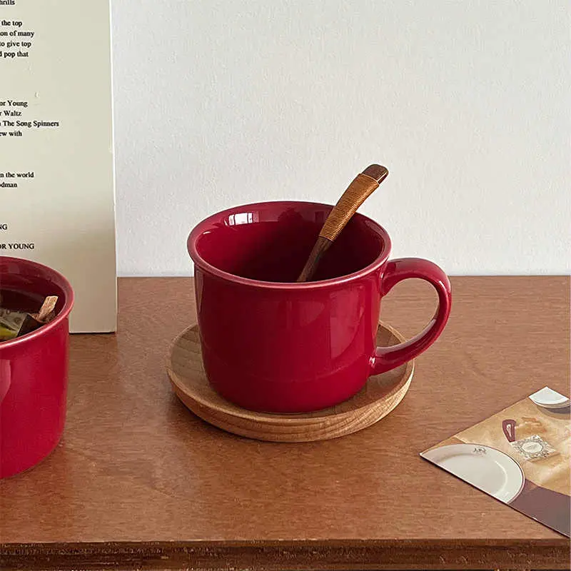 290ml Simple Retro Red Mug Ceramic Coffee Cup Household Breakfast Milk Oatmeal Cups Christmas Gift Drinkware