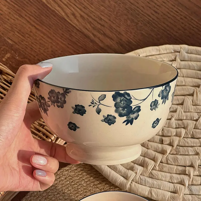 Vintage Flower Printed Ceramic Bowl Household Underglaze Tableware Delicate Soup Noodle Rice Breakfast Bowls