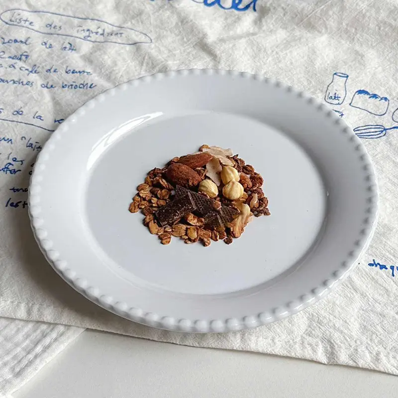 French Embossed Bead Dot Ceramic Dessert Plate 20cm White Western Steak Tray Home Breakfast Dish Tableware