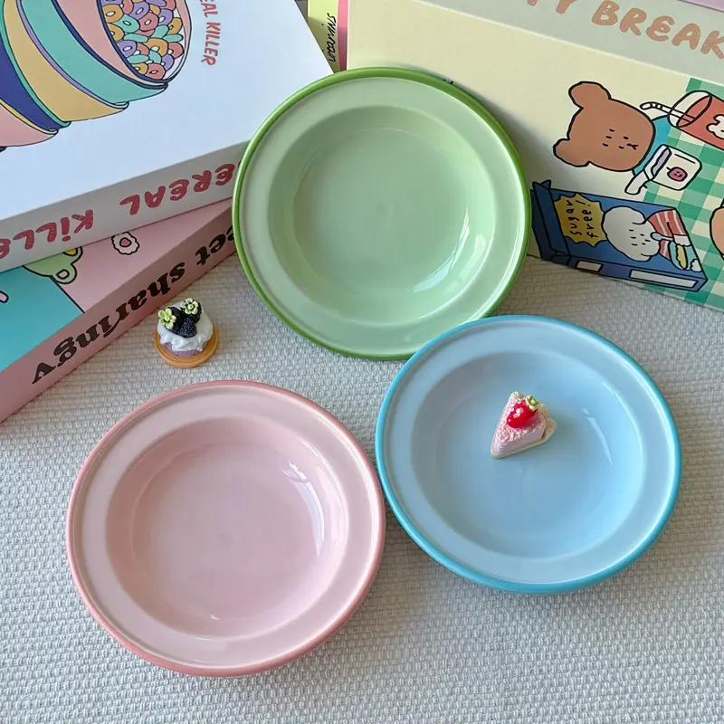 Korean-style Cute Ceramic Plates Household Tableware Fruit Dessert Disc Solid Color Simple Design Underglaze Painted Plate