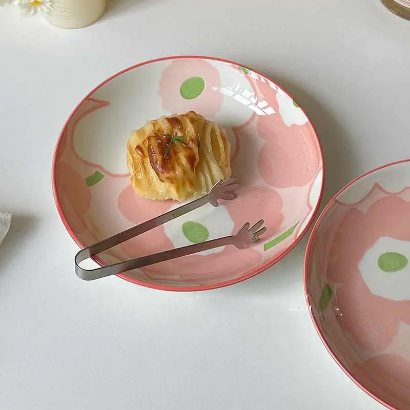 Underglaze Ceramic Vegetable Plate Pink Cake Dessert Disc Household Steak Spaghetti Plates Breakfast Dish