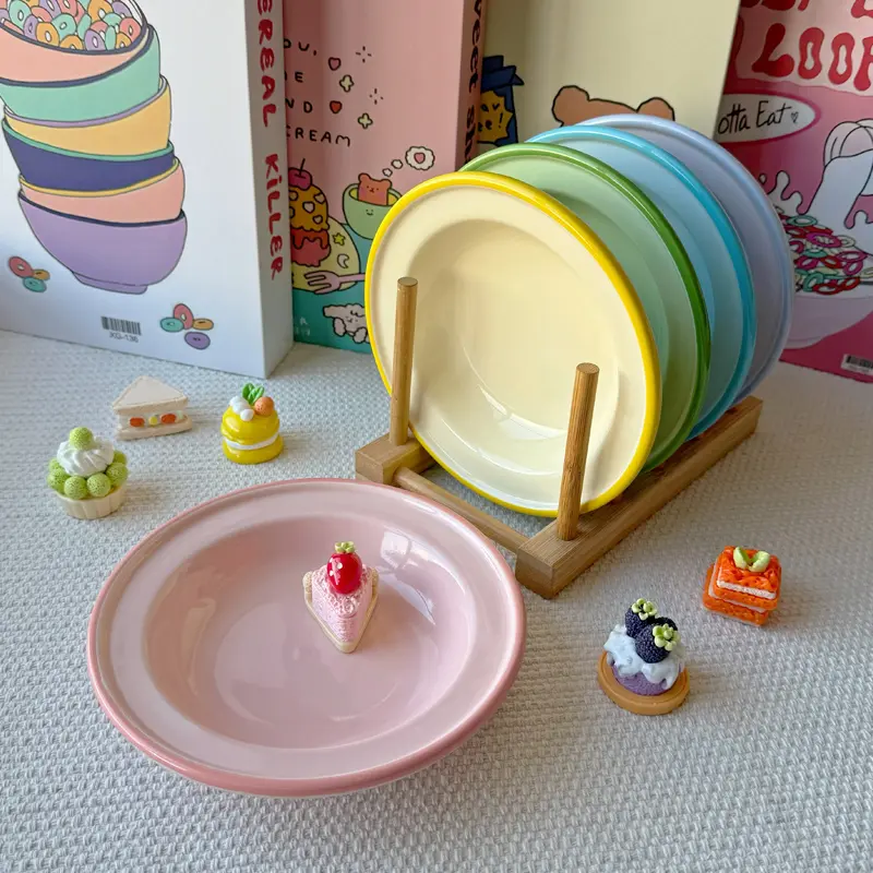 Korean-style Cute Ceramic Plates Household Tableware Fruit Dessert Disc Solid Color Simple Design Underglaze Painted Plate